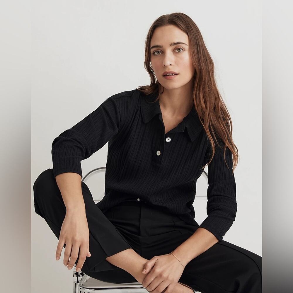 Madewell Black Size S Variegated Rib Boxy Polo Shirt NO377